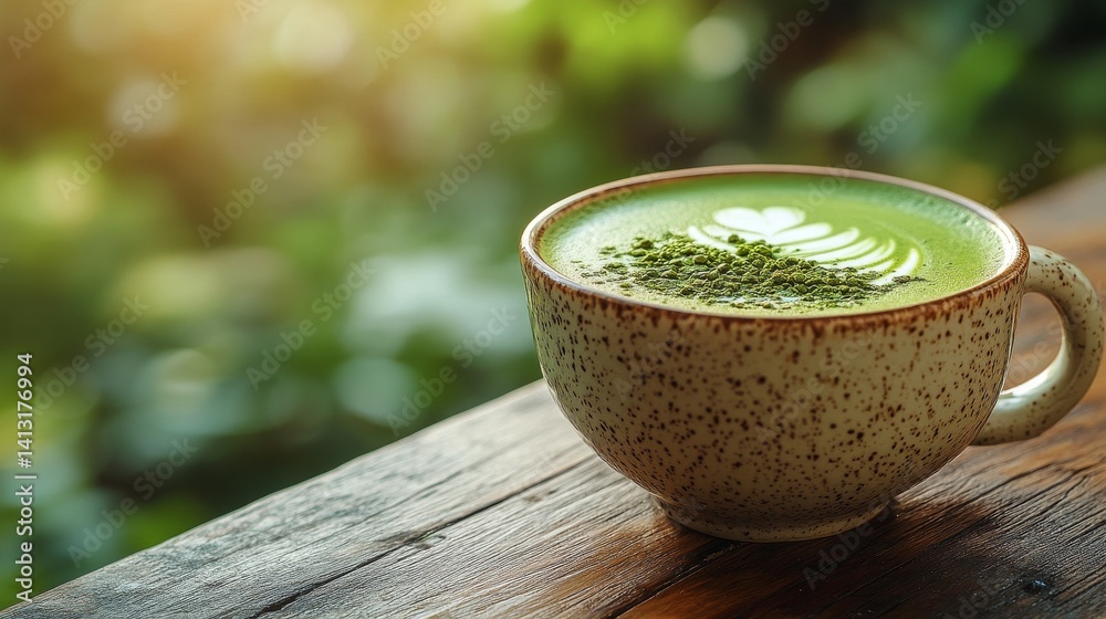 matcha latte in a ceramic cup with intricate latte art steam rising softly diffused morning light wooden table soft neutral background cozy warmth matcha latte in a ceramic cup with intricate latte art steam rising softly diffused morning light wooden table soft neutral background cozy warmth