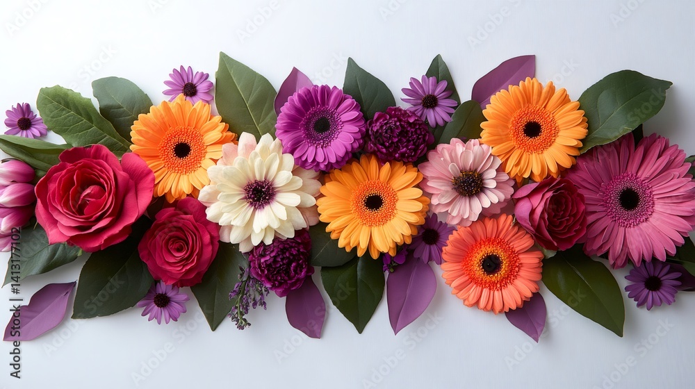 Colorful flower arrangement creating a vibrant floral border on white background