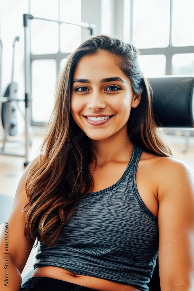 Smiling Young Woman in Gym, Ready for Exercise