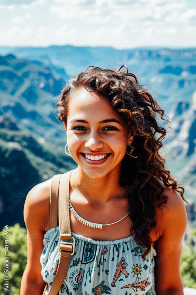Smiling Woman on a Scenic Mountaintop