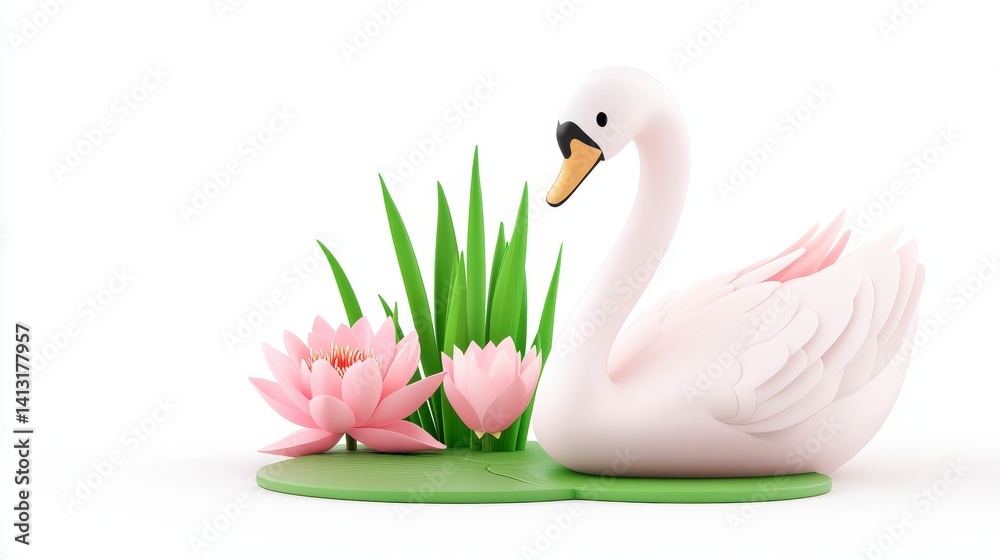 Obraz premium Pink Swan Figurine On Lily Pad With Water Lilies And Grass