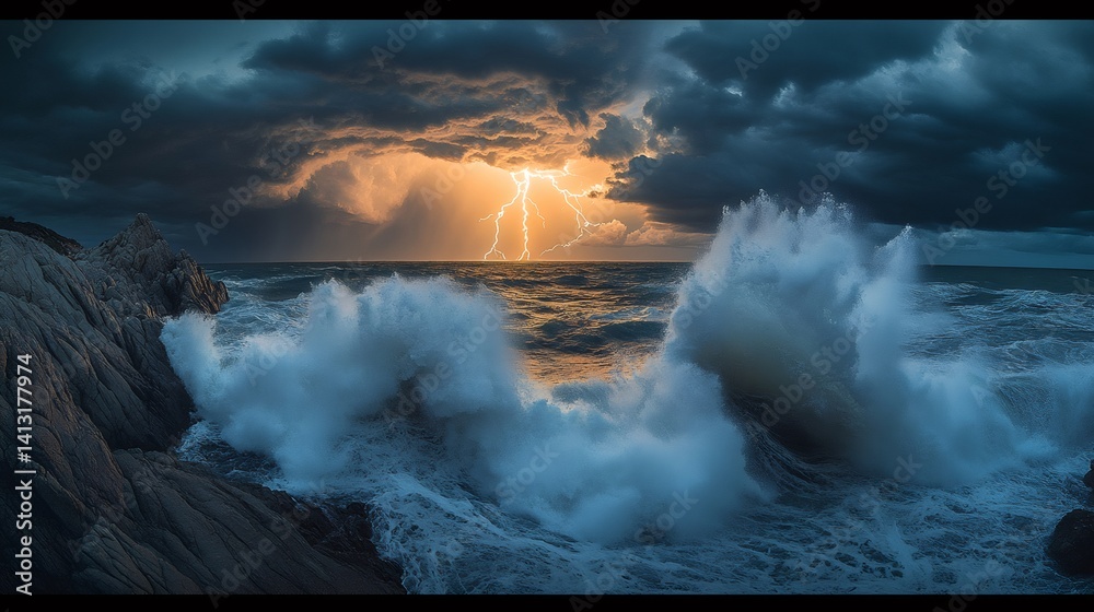 Dramatic ocean storm with lightning strikes