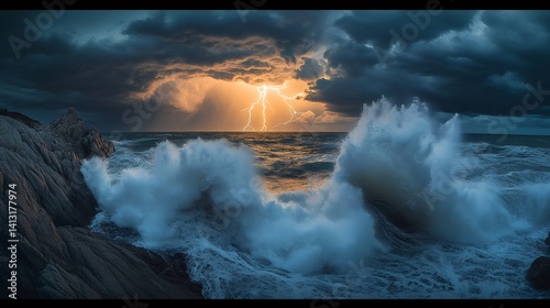 Obraz na płótnie Dramatic ocean storm with lightning strikes w salonie