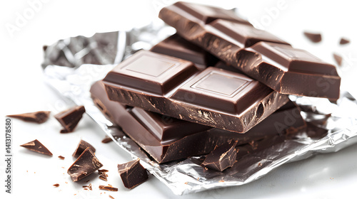 Dark Chocolate Bar Halves on Foil Background - Premium Quality Image for Sale photo