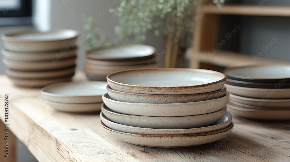 Stacks of ceramic plates displayed on wooden table in modern kitchen