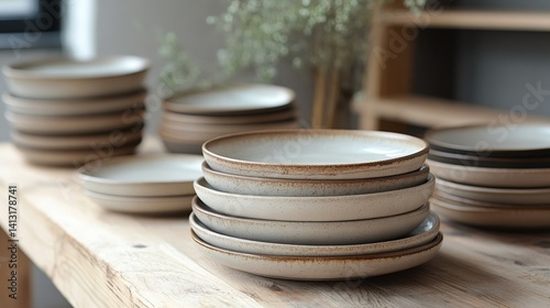 Obraz na płótnie Stacks of ceramic plates displayed on wooden table in modern kitchen w salonie