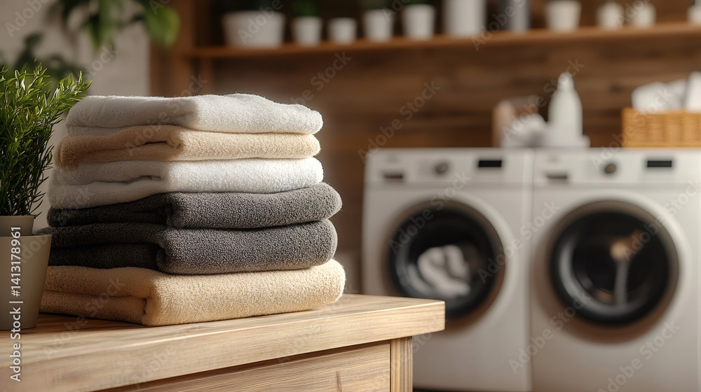 Stack of fresh clean towels in laundry room with washing machines