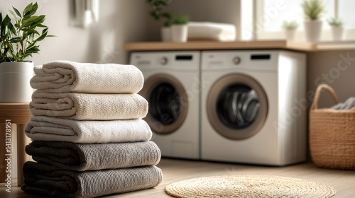 Obraz na płótnie Stack of clean towels in modern laundry room with washing machines w salonie