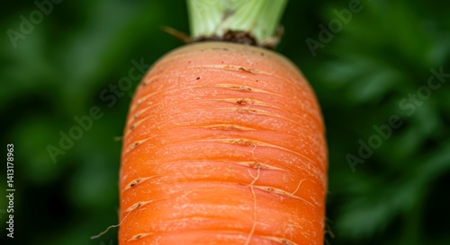 Fresh carrot with green leafy top on organic farm. Healthy vegetable on blurry green background for food advertising. Harvesting season and agriculture concept.
