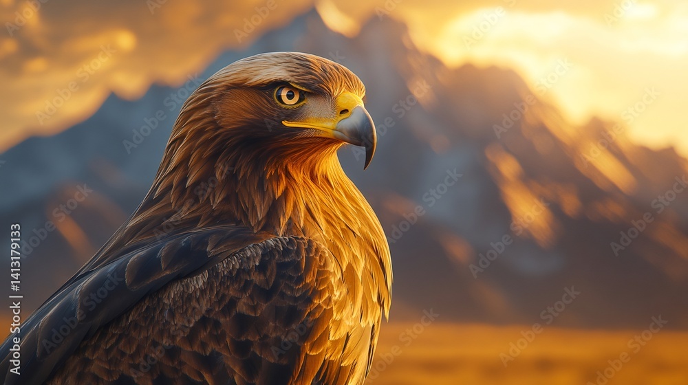 Golden eagle posing with majestic mountain range at sunset