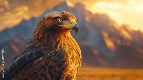 Obraz na płótnie Golden eagle posing with majestic mountain range at sunset w salonie