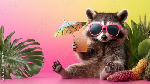 Charming raccoon in oversized sunglasses enjoys a tropical cocktail in summer bliss Generative AI