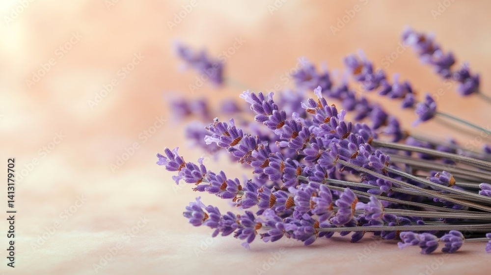 Bunch of lavender flowers lying on a pastel background