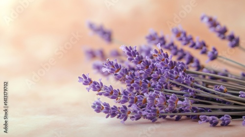 Bunch of lavender flowers lying on a pastel background