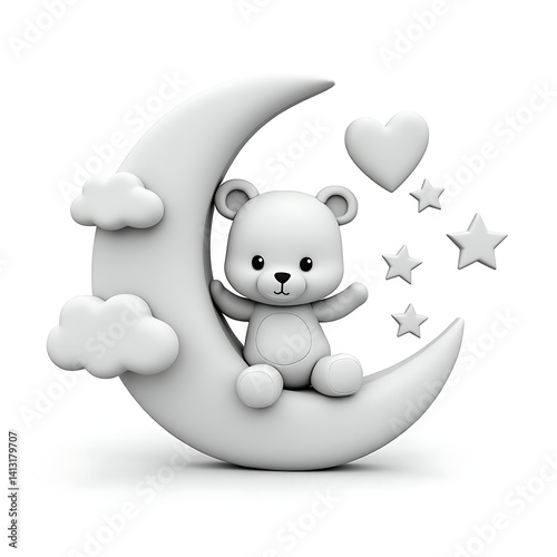 Teddy bear on moon nursery art print baby room decor kids wall art cute moon and stars illustration