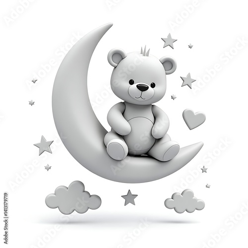 Cute teddy bear sitting on moon with stars and clouds for nursery decor and baby room decoration design