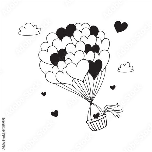 Romantic hot air balloon made of hearts in the sky, dreamy love travel concept in vector illustration