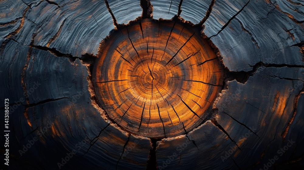 Close up of tree trunk showing growth rings and cracks