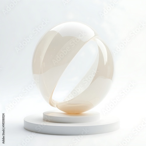 Abstract beige sculpture on white pedestal modern art design minimalist aesthetic home decor object display