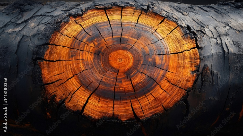 Fototapeta premium Burnt tree trunk showing growth rings and cracks
