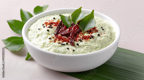 White Coconut Chutney in a White Bowl Garnished with Dried Red Chilies, Curry Leaves & Mustard