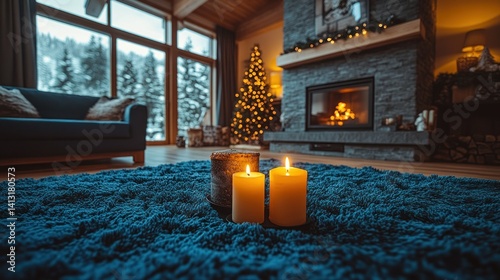 Cozy Christmas living room with fireplace and candles photo