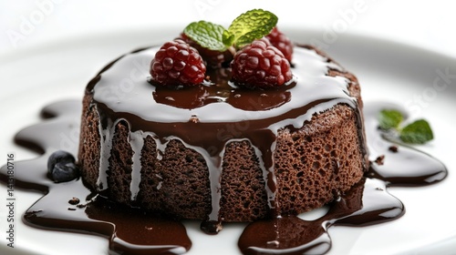 Delicious chocolate lava cake with melted chocolate, berries and mint