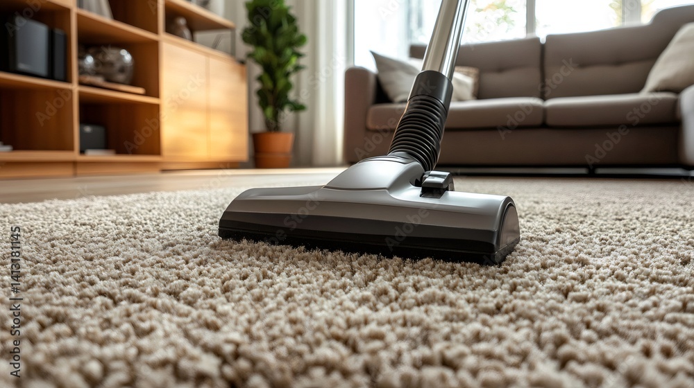 Vacuum cleaner removing dust from carpet in living room