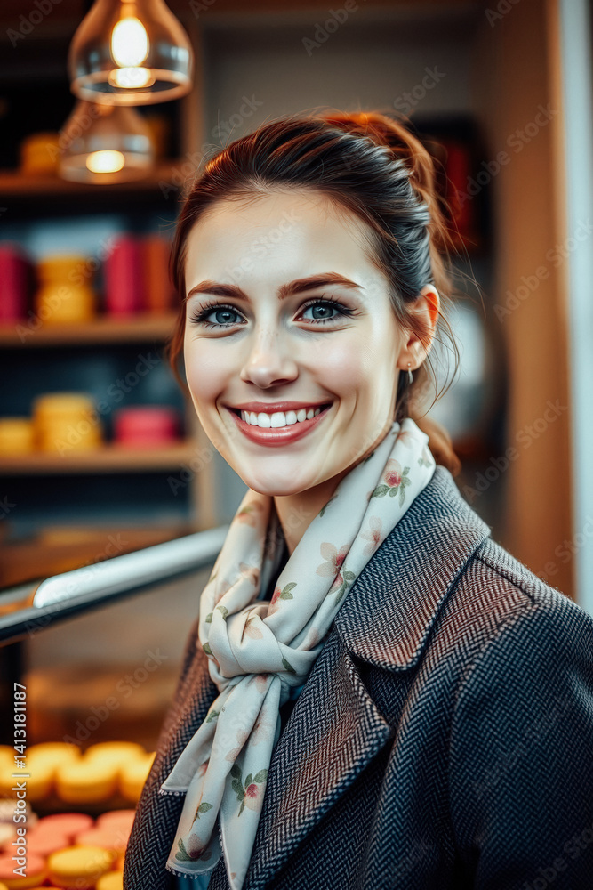 Smiling Woman Wearing a Stylish Scarf in a Pastry Shop