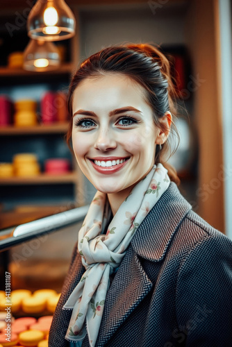 Obraz na płótnie Smiling Woman Wearing a Stylish Scarf in a Pastry Shop w salonie
