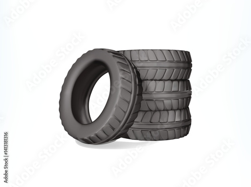car tire 3d icon. Stack of Four Black Rubber Tires isolated vector 3d illustration.