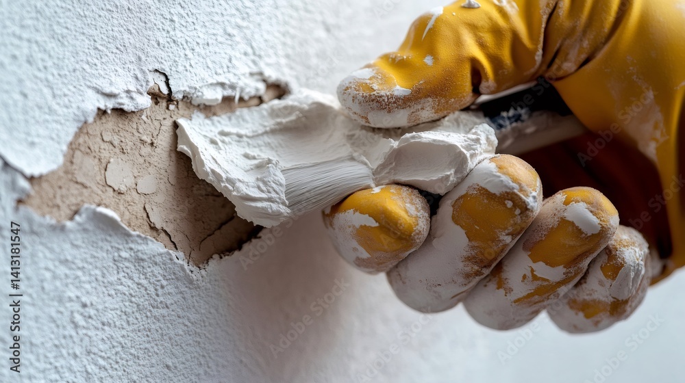 Construction worker applying plaster on damaged wall using putty knife