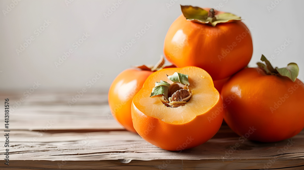 Ripe and Juicy Persimmon Fruits Displayed on Rustic Wooden Table Ripe and Juicy Persimmon Fruits Displayed on Rustic Wooden Table