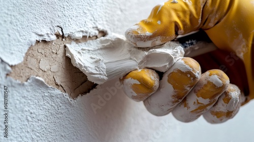 Obraz na płótnie Construction worker applying plaster on damaged wall using putty knife w salonie
