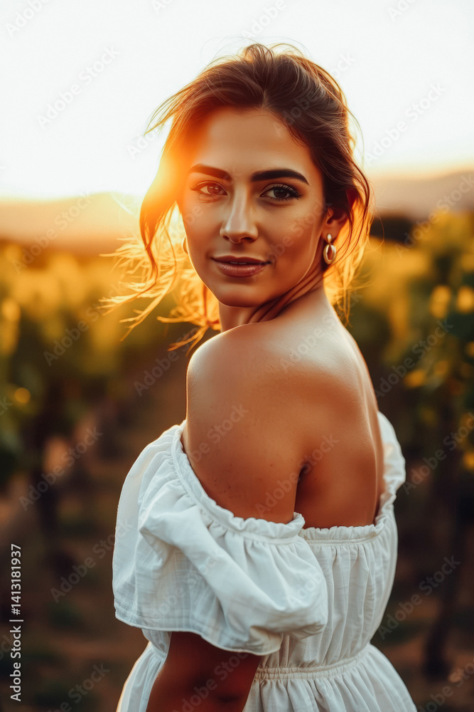 Beautiful Woman in a White Dress at Sunset
