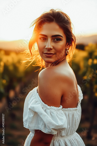 Obraz na płótnie Beautiful Woman in a White Dress at Sunset w salonie