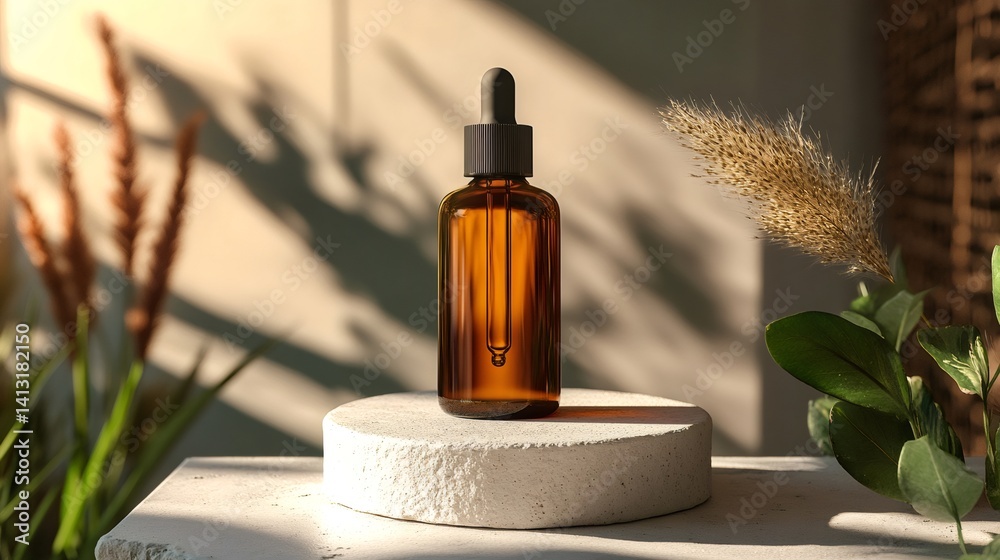 Amber dropper bottle mockup on stone podium with pampas grass and foliage