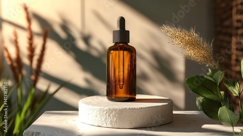 Obraz na płótnie Amber dropper bottle mockup on stone podium with pampas grass and foliage w salonie
