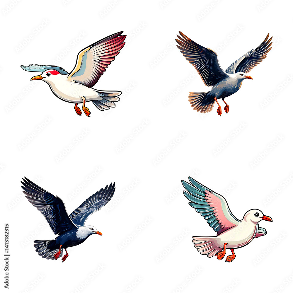 Obraz premium Beautiful Stylized Illustrations of Seagulls in Flight on Transparent Background