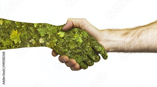 Human hand shaking leafy green hand, symbolizing connection between people and nature. Partnership for ecological values, sustainable cooperation and environmental unity. photo