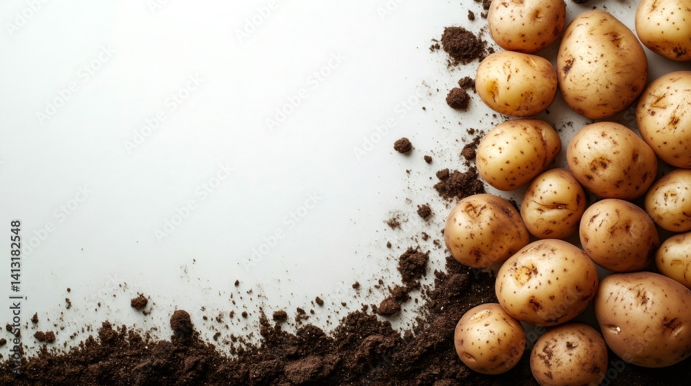 Fresh potatoes with soil on white background creating copy space