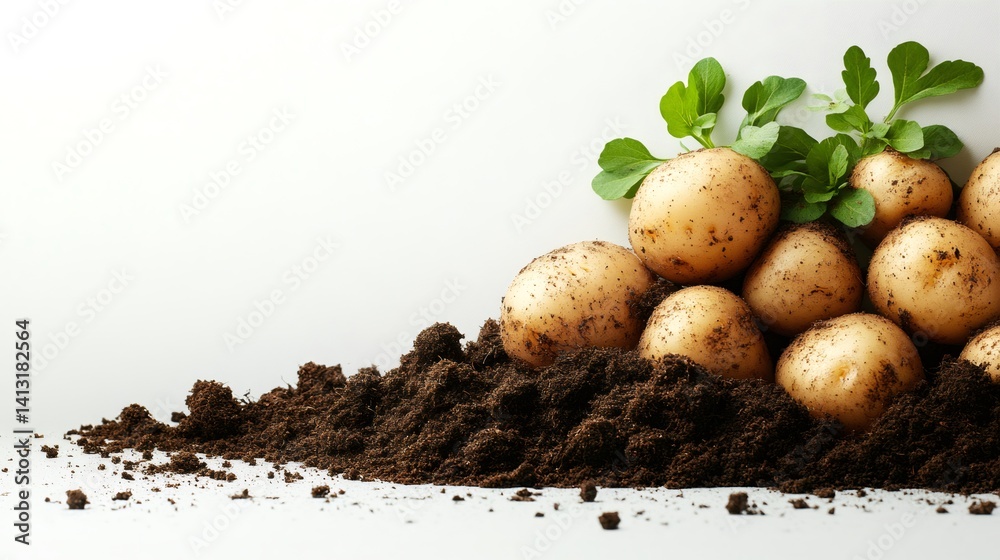 Fresh potatoes growing from fertile soil on white background