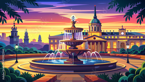 Germany, Baden-Wurttemberg, Stuttgart, Long exposure ofSchlossplatzspringbrunnen fountain at dusk