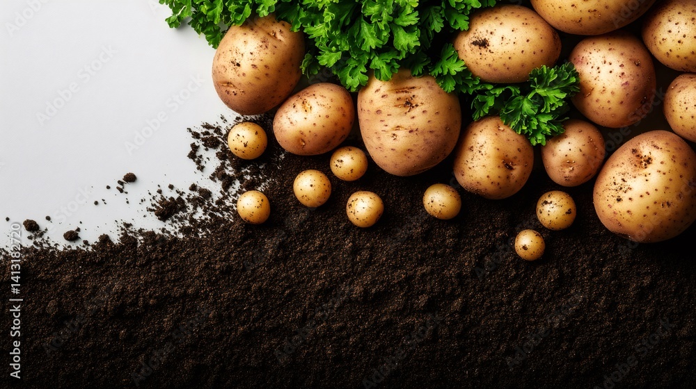 Fresh potatoes with soil and parsley on white background