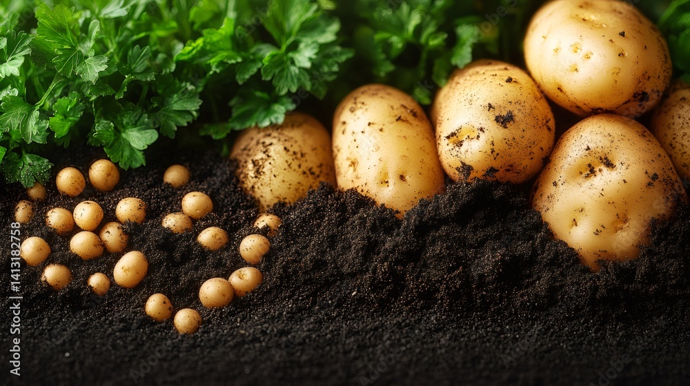 Fresh potatoes growing in fertile soil with parsley