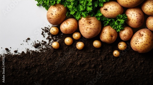 Obraz na płótnie Fresh potatoes with soil and parsley on white background w salonie