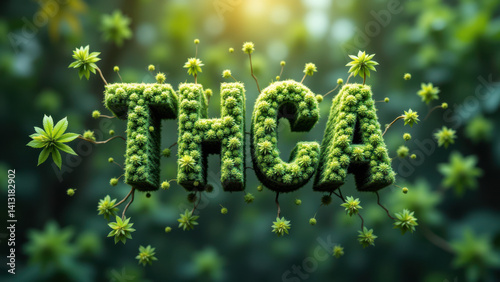 The image depicts a stylized depiction of THCA, Tetrahydrocannabinolic acid, with an overlay of vibrant greenery and sprigs. photo