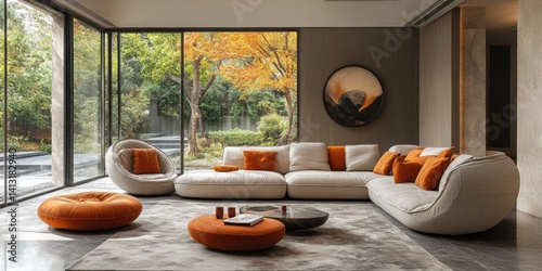 Elegant Living Room with Modern Furniture, Natural Light, and Serene Garden View