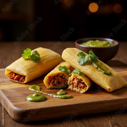 Delicious tamale with meat for christmas dinner. Typical dish of mexican cuisine served with salsa verde on a wooden board for food blog, recipe or restaurant menu