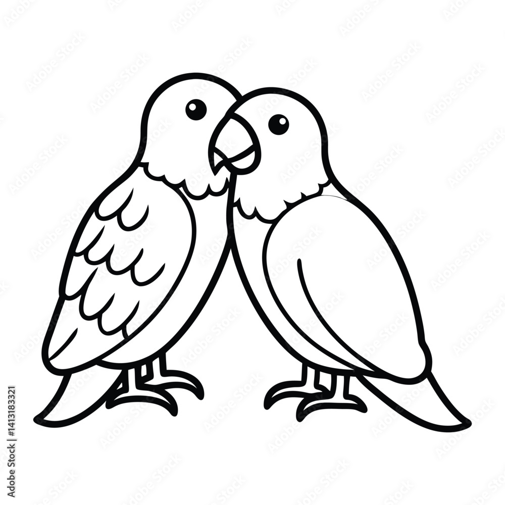 Black and White Illustration of a tow love Parrot with Cartoon Features Black and White Illustration of a tow love Parrot with Cartoon Features